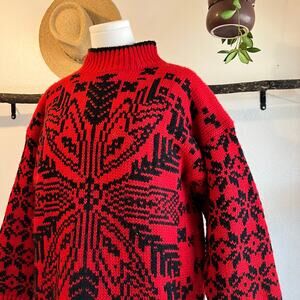 Vintage 90s Red & Black Wool Chunky Knit Pullover Sweater Size Medium